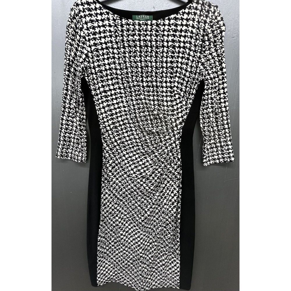 Lauren Ralph Lauren Dress 8 Black Houndstooth Sheath Panel Ruched Lined Stretch